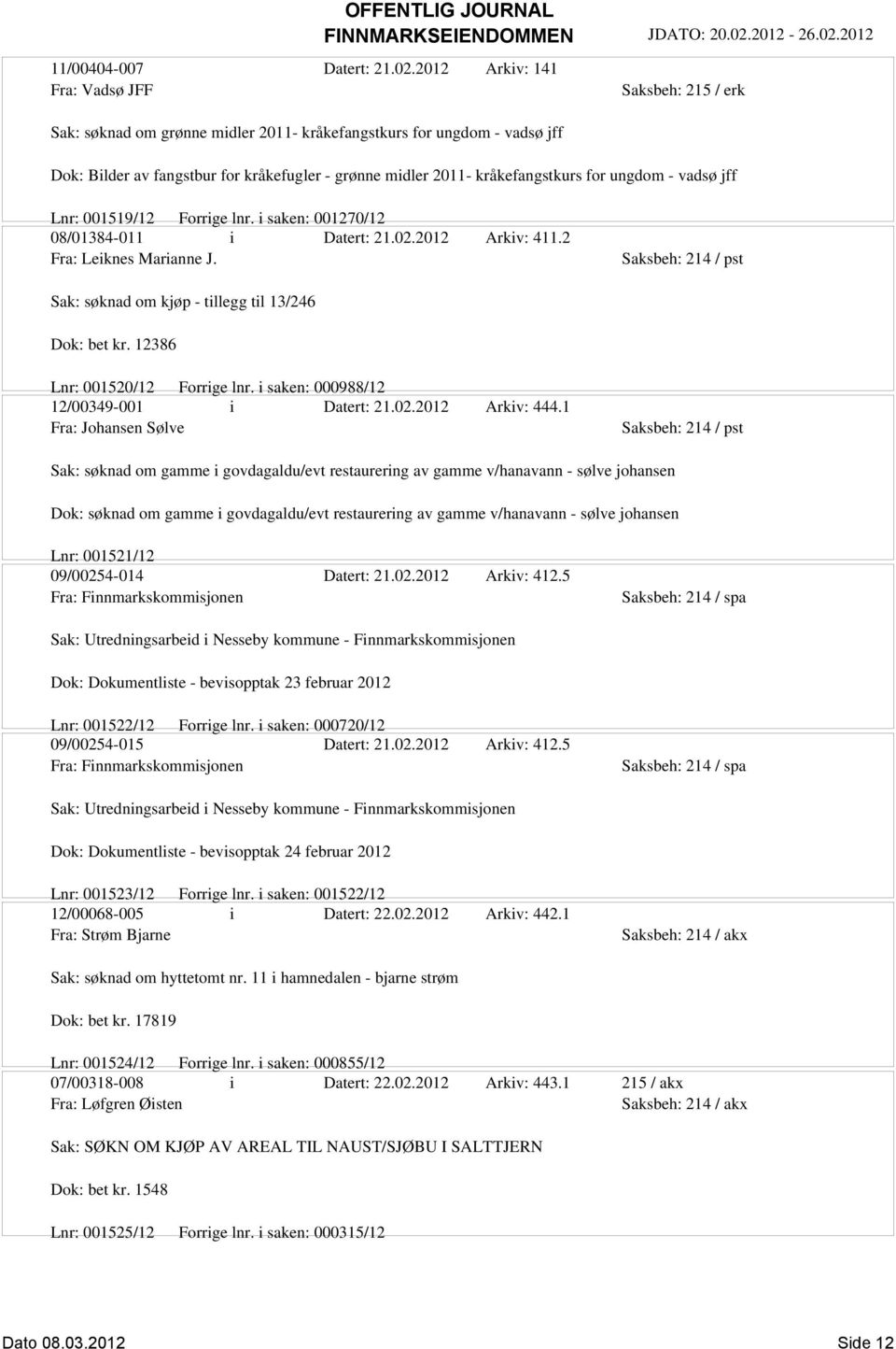 vadsø jff Lnr: 001519/12 Forrige lnr. i saken: 001270/12 08/01384-011 i Datert: 21.02.2012 Arkiv: 411.2 Fra: Leiknes Marianne J.