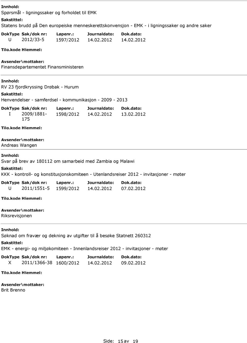 : 1598/2012 Andreas Wangen Svar på brev av 180112 om samarbeid med Zambia og Malawi KKK - kontroll- og konstitusjonskomiteen - tenlandsreiser 2012 - invitasjoner - møter 2011/1551-5