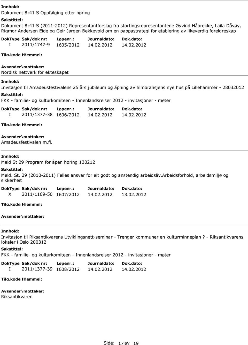 Lillehammer - 28032012 FKK - familie- og kulturkomiteen - nnenlandsreiser 2012 - invitasjoner - møter 2011/1377-38 1606/2012 Amadeusfestivalen m.fl. Meld St 