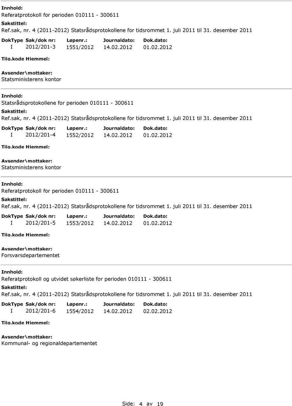 2012 Statsministerens kontor Referatprotokoll for perioden 010111-300611 2012/201-5 1553/2012 01.02.