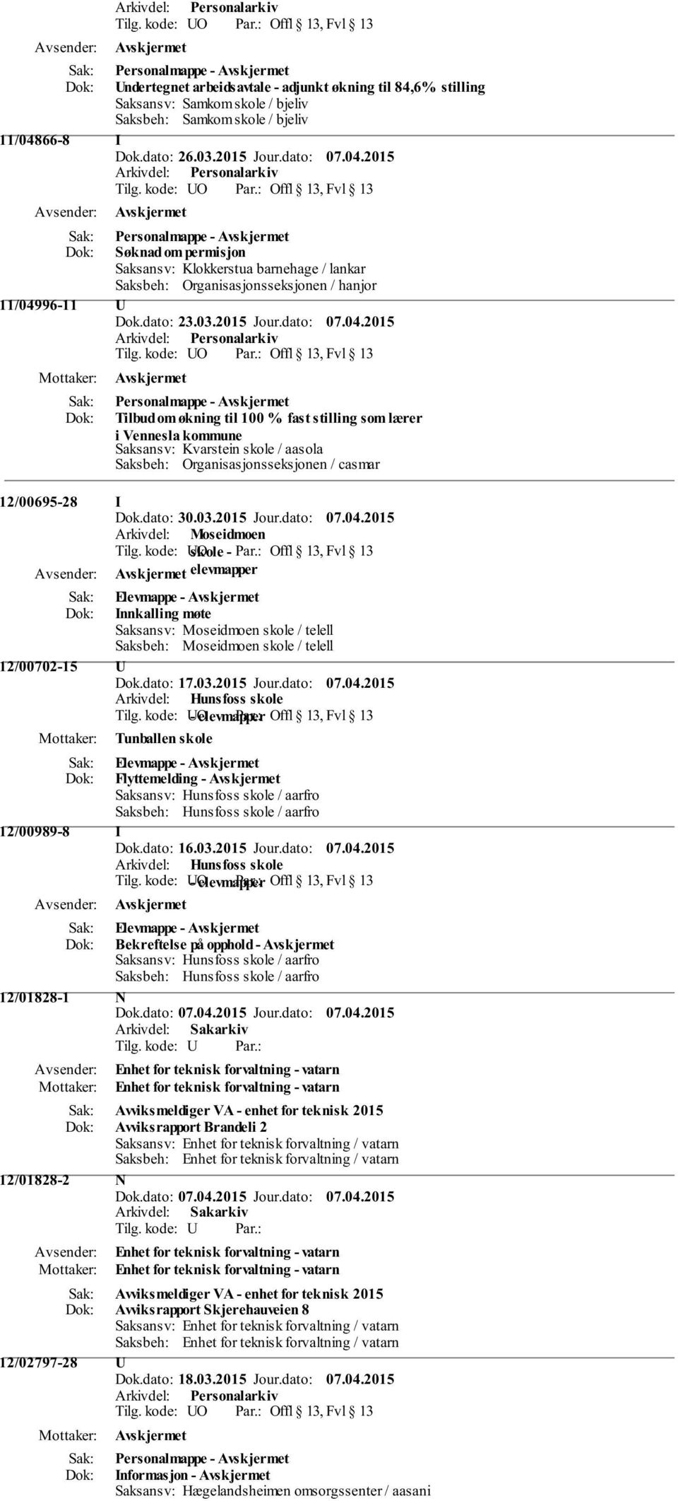 2015 Personalmappe - Søknad om permisjon Saksansv: Klokkerstua barnehage / lankar Saksbeh: Organisasjonsseksjonen / hanjor 11/04996-11 U Personalmappe - Tilbud om økning til 100 % fast stilling som