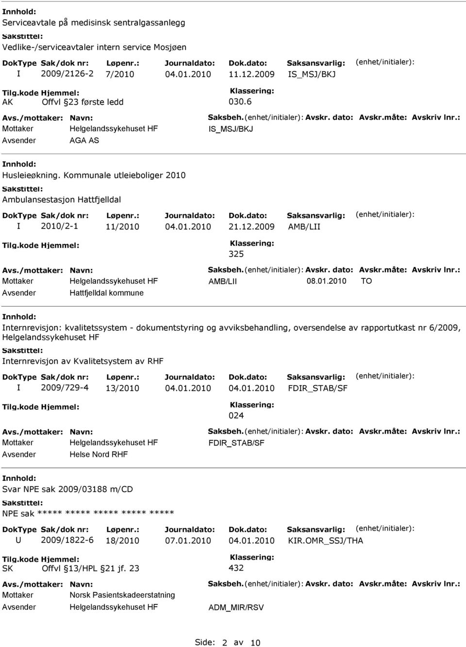 2009 AMB/L 325 AMB/L TO Hattfjelldal kommune nternrevisjon: kvalitetssystem - dokumentstyring og avviksbehandling, oversendelse av rapportutkast nr 6/2009, nternrevisjon av