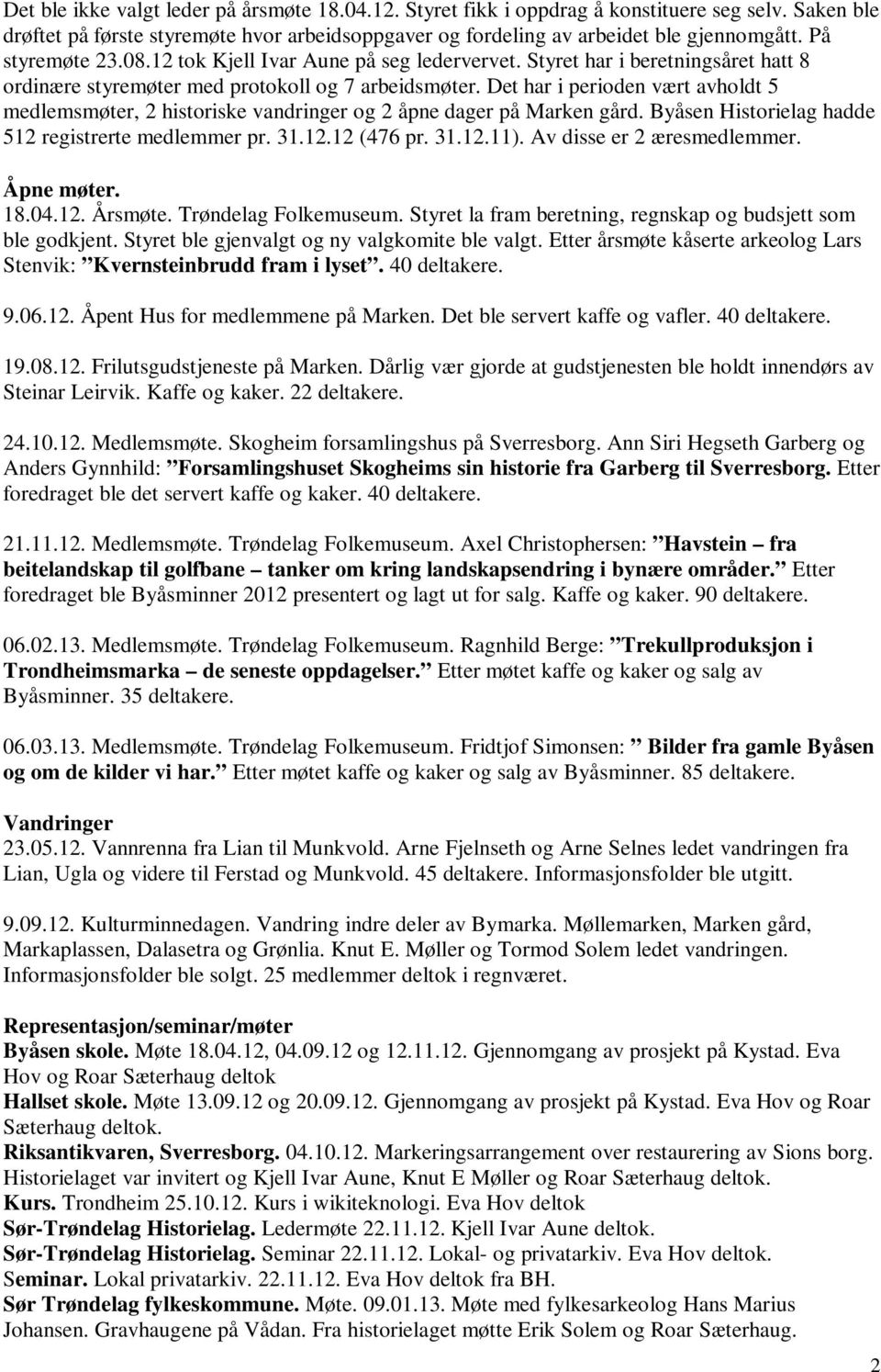 Det har i perioden vært avholdt 5 medlemsmøter, 2 historiske vandringer og 2 åpne dager på Marken gård. Byåsen Historielag hadde 512 registrerte medlemmer pr. 31.12.12 (476 pr. 31.12.11).