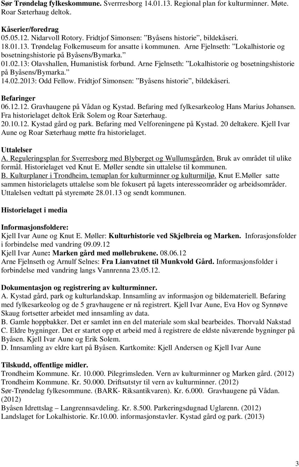 13: Olavshallen, Humanistisk forbund. Arne Fjelnseth: Lokalhistorie og bosetningshistorie på Byåsens/Bymarka. 14.02.2013: Odd Fellow. Fridtjof Simonsen: Byåsens historie, bildekåseri. Befaringer 06.