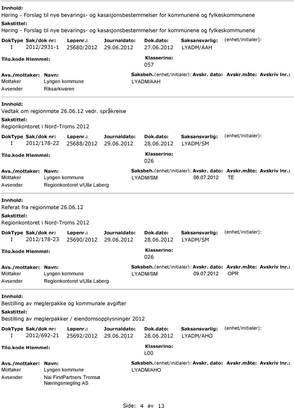 2012 TE Regionkontoret v/lla Laberg nnhold: Referat fra regionmøte 26.06.12 Regionkontoret i Nord-Troms 2012 2012/178-23 25690/2012 LYADM/SM 026 LYADM/SM 09.07.