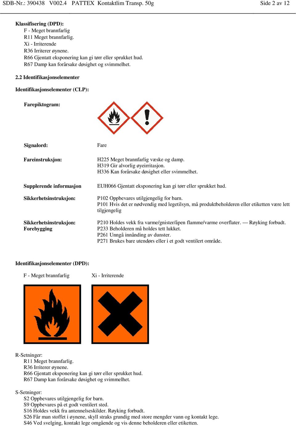 2 Identifikasjonselementer Identifikasjonselementer (CLP): Farepiktogram: Signalord: Fareinstruksjon: Supplerende informasjon Sikkerhetsinstruksjon: Sikkerhetsinstruksjon: Forebygging Fare H225 Meget