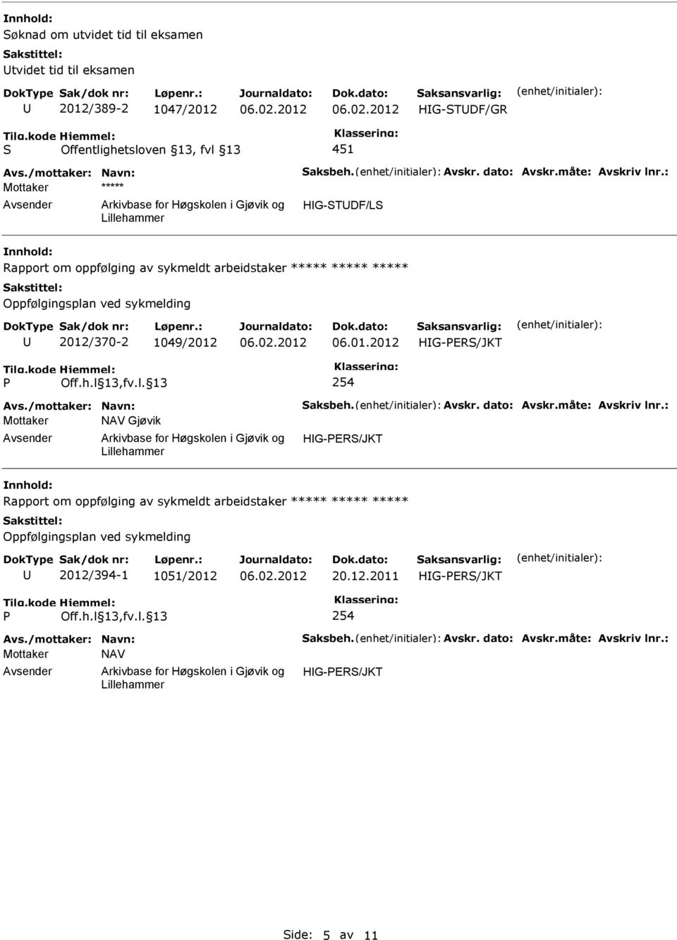 : Mottaker ***** HG-STDF/LS Rapport om oppfølging av sykmeldt arbeidstaker ***** ***** ***** 2012/370-2 1049/2012 06.01.2012 Avs.