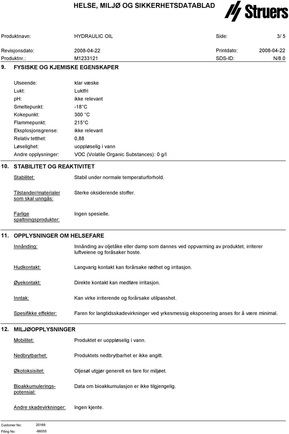 C 215 C ikke relevant 0,88 uoppløselig i vann VOC (Volatile Organic Substances): 0 g/l 10. STABILITET OG REAKTIVITET Stabilitet: Stabil under normale temperaturforhold.