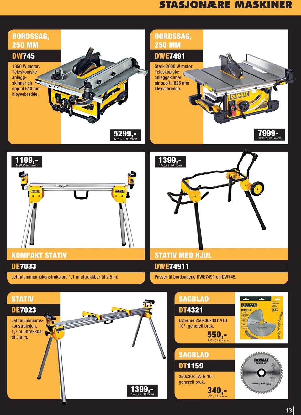 moms KOMPAKT STATIV DE7033 Lett aluminiumskonstruksjon, 1,1 m uttrekkbar til 2,5 m. STATIV MED HJUL DWE74911 Passer til bordsagene DWE7491 og DW745.