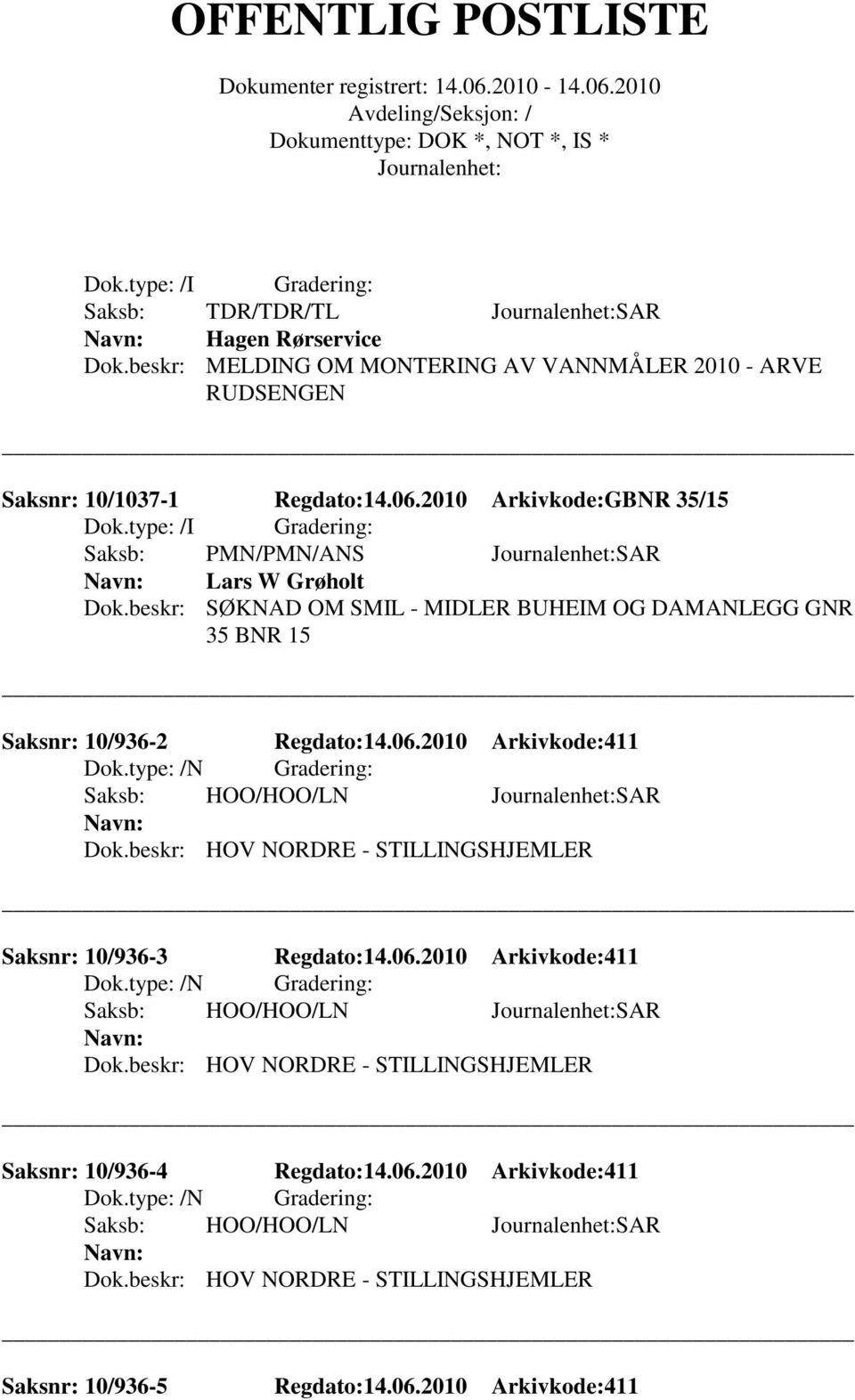 2010 Arkivkode:411 Dok.type: /N Gradering: Saksb: HOO/HOO/LN SAR Dok.beskr: HOV NORDRE - STILLINGSHJEMLER Saksnr: 10/936-3 Regdato:14.06.2010 Arkivkode:411 Dok.type: /N Gradering: Saksb: HOO/HOO/LN SAR Dok.beskr: HOV NORDRE - STILLINGSHJEMLER Saksnr: 10/936-4 Regdato:14.