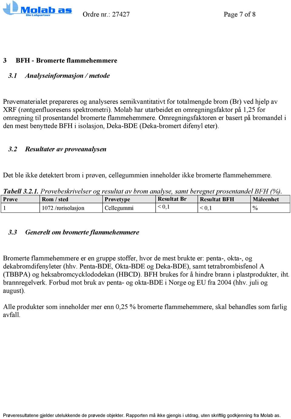 Molab har utarbeidet en omregningsfaktor på 1,25 for omregning til prosentandel bromerte flammehemmere.