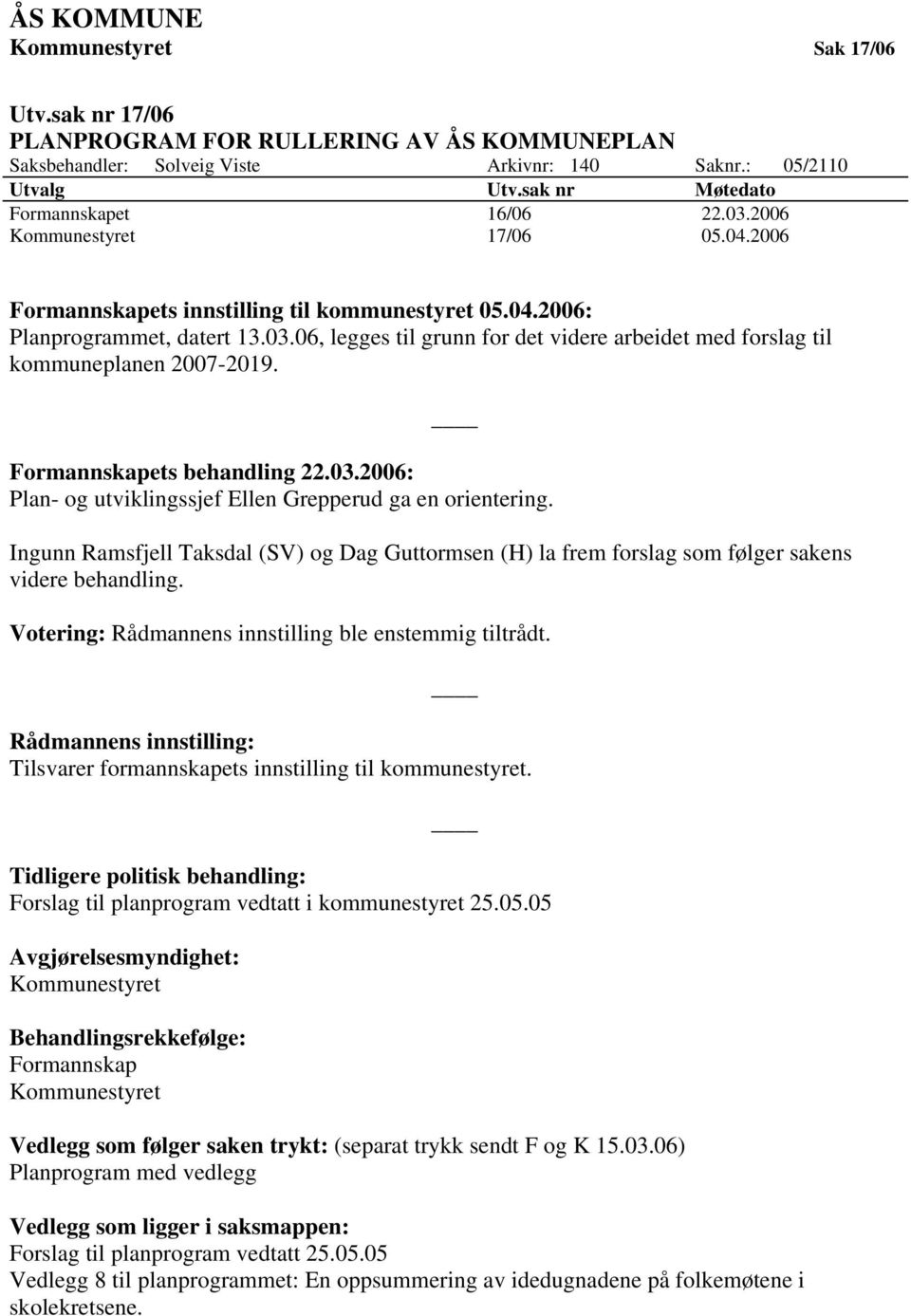 Formannskapets behandling 22.03.2006: Plan- og utviklingssjef Ellen Grepperud ga en orientering.