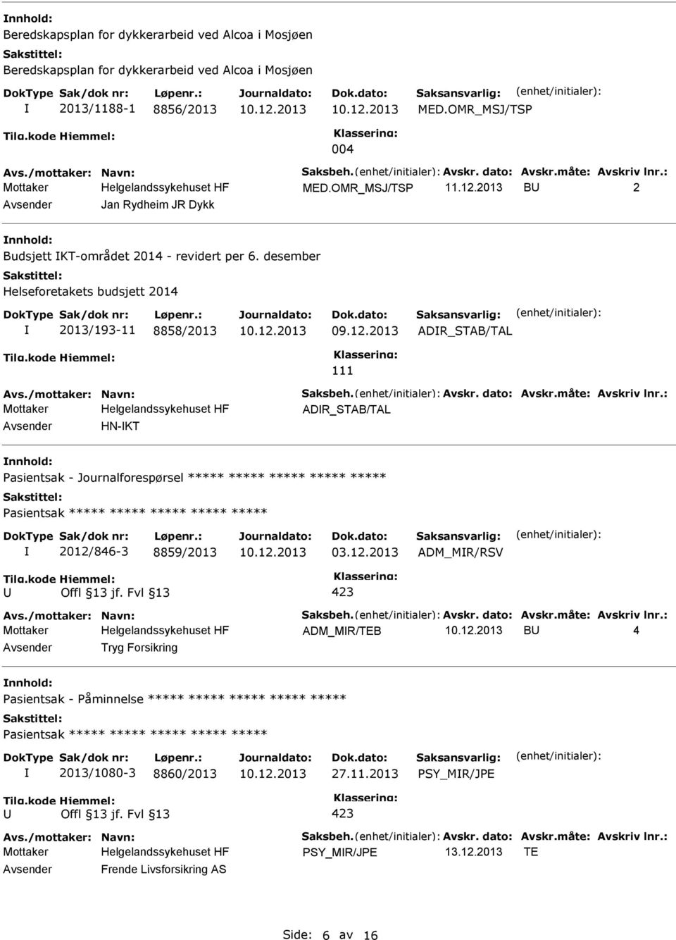 desember Helseforetakets budsjett 2014 2013/193-11 8858/2013 111 ADR_STAB/TAL Avs./mottaker: Navn: Saksbeh. Avskr. dato: Avskr.måte: Avskriv lnr.