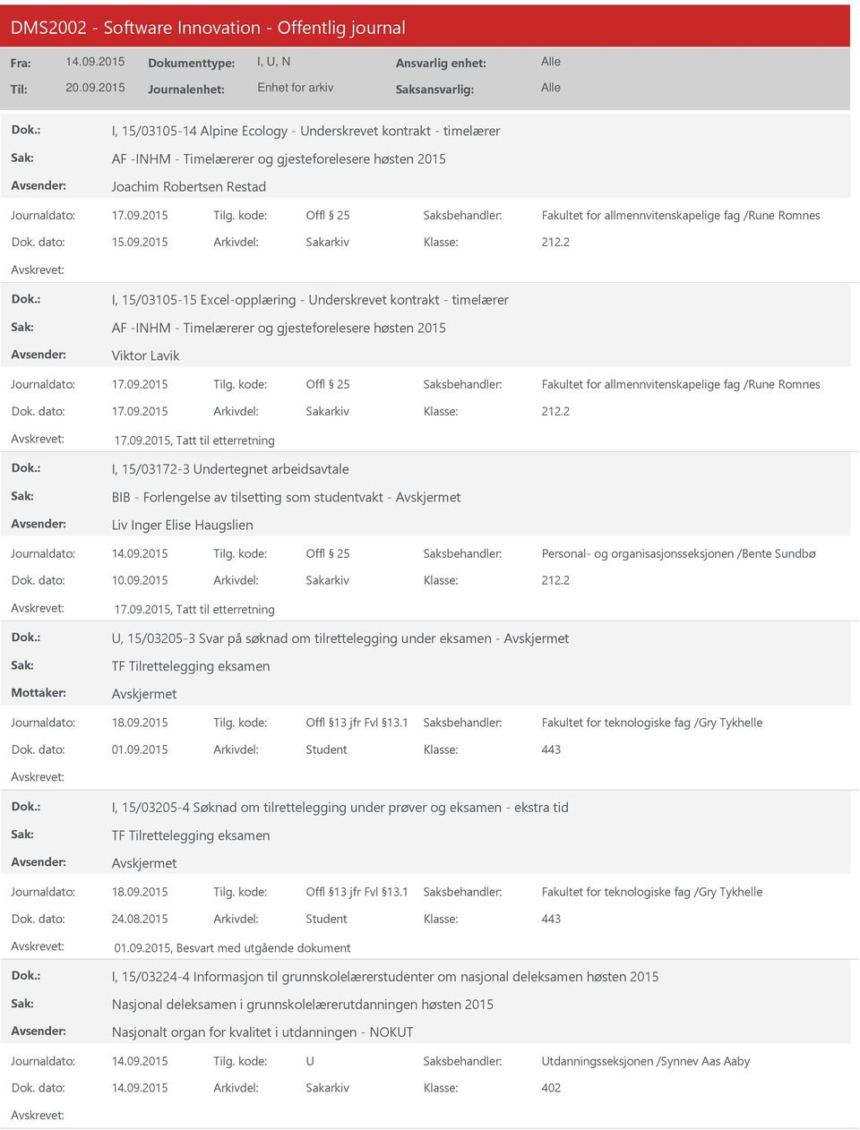 2015 Arkivdel: Sakarkiv I, 15/03105-15 Excel-opplæring - nderskrevet kontrakt - timelærer AF -INHM - Timelærerer og gjesteforelesere høsten 2015 Viktor Lavik Fakultet for allmennvitenskapelige fag