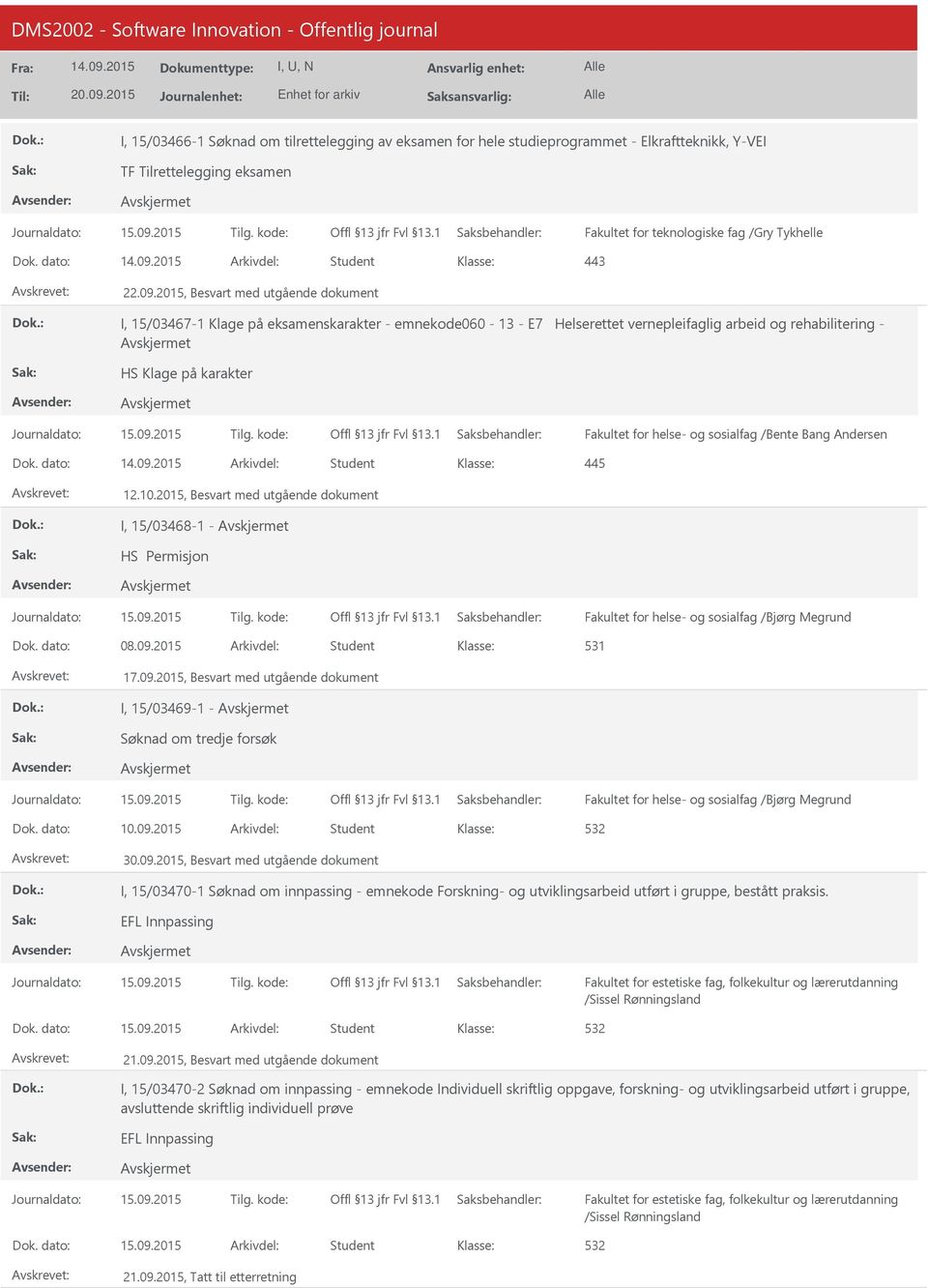 2015, Besvart med utgående dokument I, 15/03467-1 Klage på eksamenskarakter - emnekode060-13 - E7 Helserettet vernepleifaglig arbeid og rehabilitering - HS Klage på karakter Fakultet for helse- og