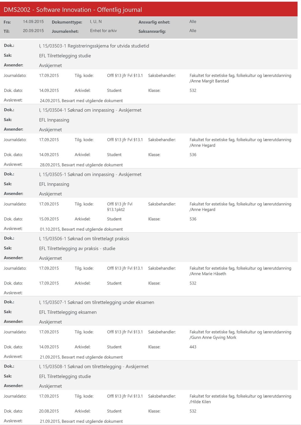 2015, Besvart med utgående dokument I, 15/03505-1 Søknad om innpassing - EFL Innpassing Offl 13 jfr Fvl 13.1pkt2 /Anne Hegard Dok. dato: 15.09.2015 Arkivdel: Student 536 01.10.