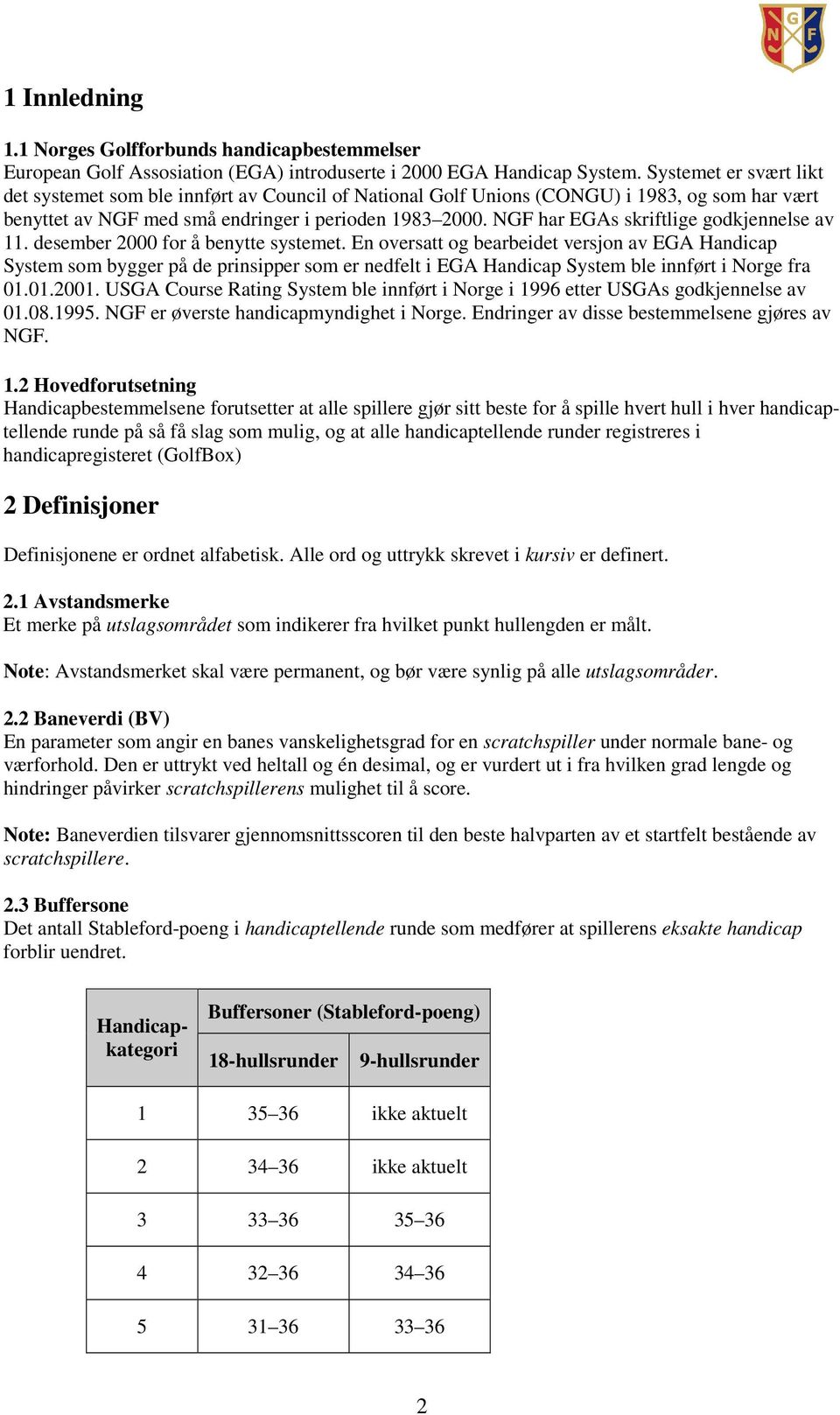 NGF har EGAs skriftlige godkjennelse av 11. desember 2000 for å benytte systemet.