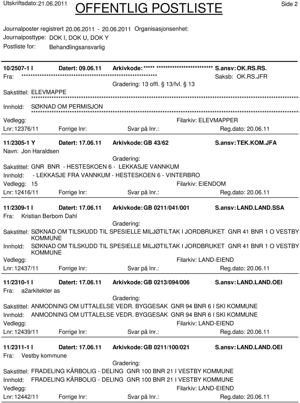 JFA Navn: Jon Haraldsen Sakstittel: GNR BNR - HESTESKOEN 6 - LEKKASJE VANNKUM Innhold: - LEKKASJE FRA VANNKUM - HESTESKOEN 6 - VINTERBRO 15 Lnr: 12416/11 Forrige lnr: Svar på lnr.