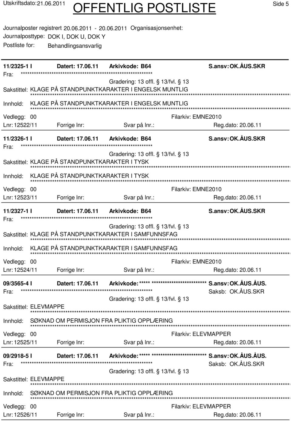 11 Arkivkode: B64 S.ansv: OK.ÅUS.SKR Fra: ************************************************************ 13 offl. 13/fvl.