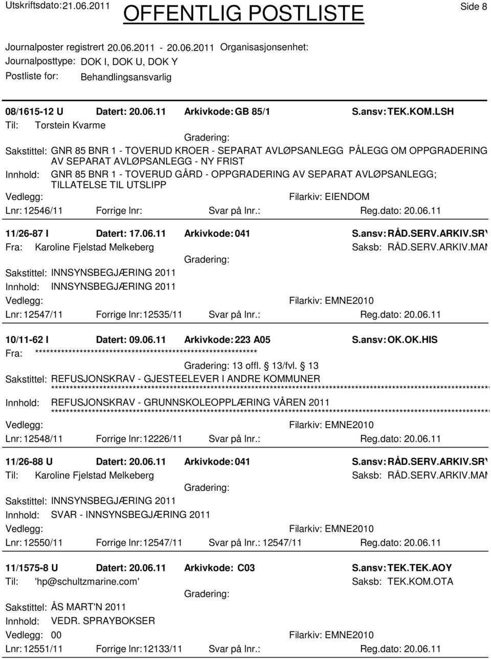 AV SEPARAT AVLØPSANLEGG; TILLATELSE TIL UTSLIPP Lnr: 12546/11 Forrige lnr: Svar på lnr.: 11/26-87 I Datert: 17.06.11 Arkivkode:041 S.ansv: RÅD.SERV.ARKIV.