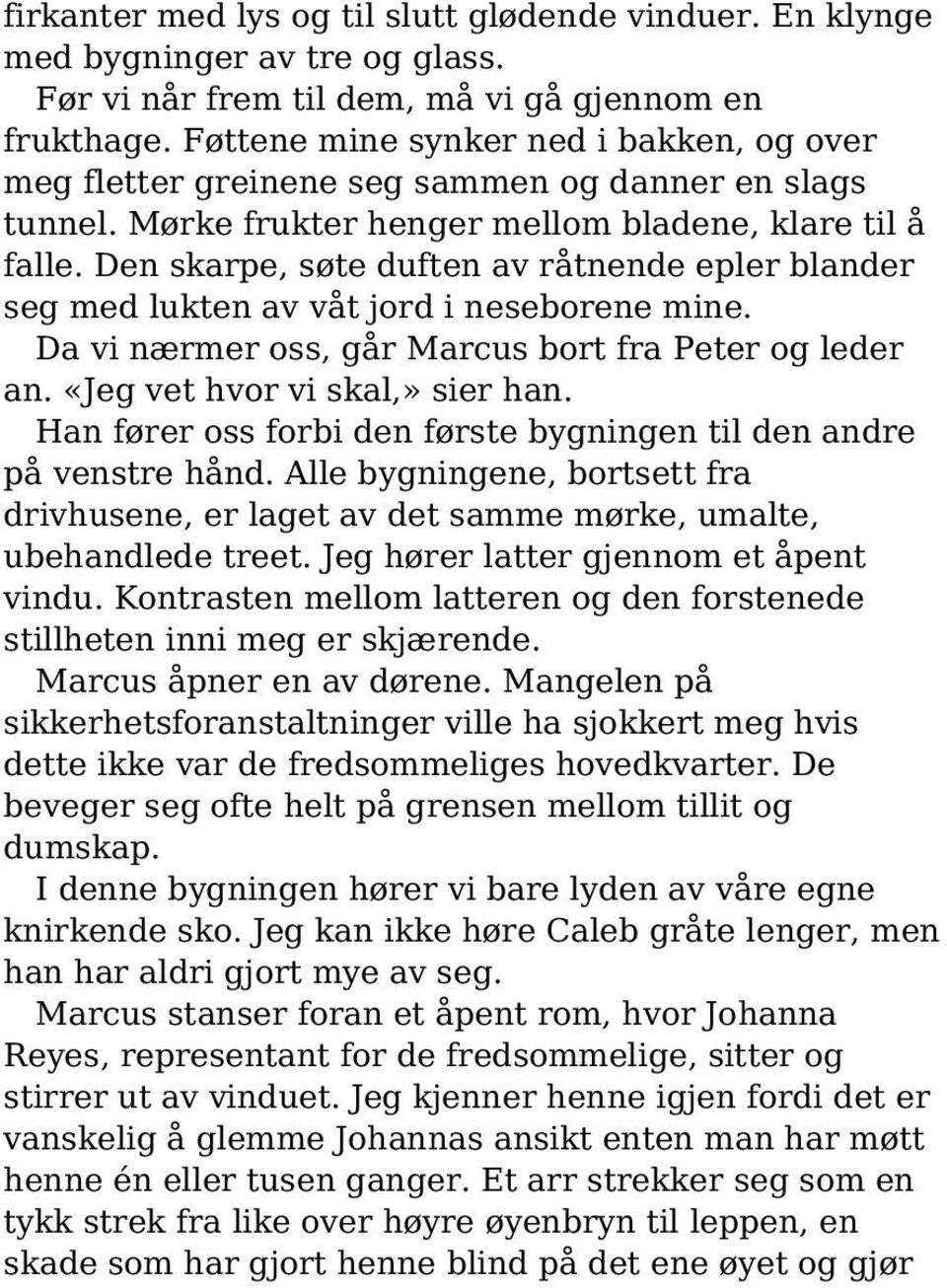 Den skarpe, søte duften av råtnende epler blander seg med lukten av våt jord i neseborene mine. Da vi nærmer oss, går Marcus bort fra Peter og leder an. «Jeg vet hvor vi skal,» sier han.