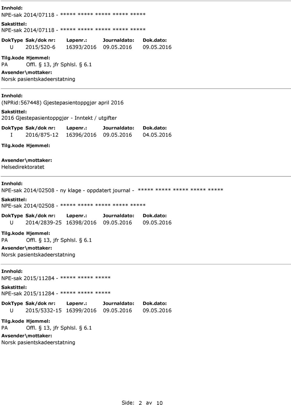 16396/2016 Helsedirektoratet NE-sak 2014/02508 - ny klage - oppdatert journal - NE-sak