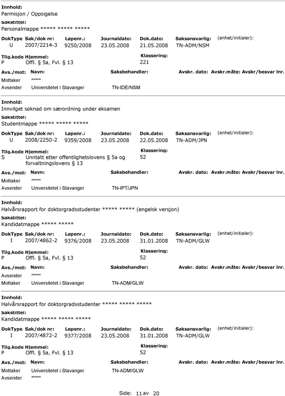 05.2008 TN-ADM/JN nntatt etter offentlighetslovens 5a og TN-T/JN Halvårsrapport for doktorgradsstudenter