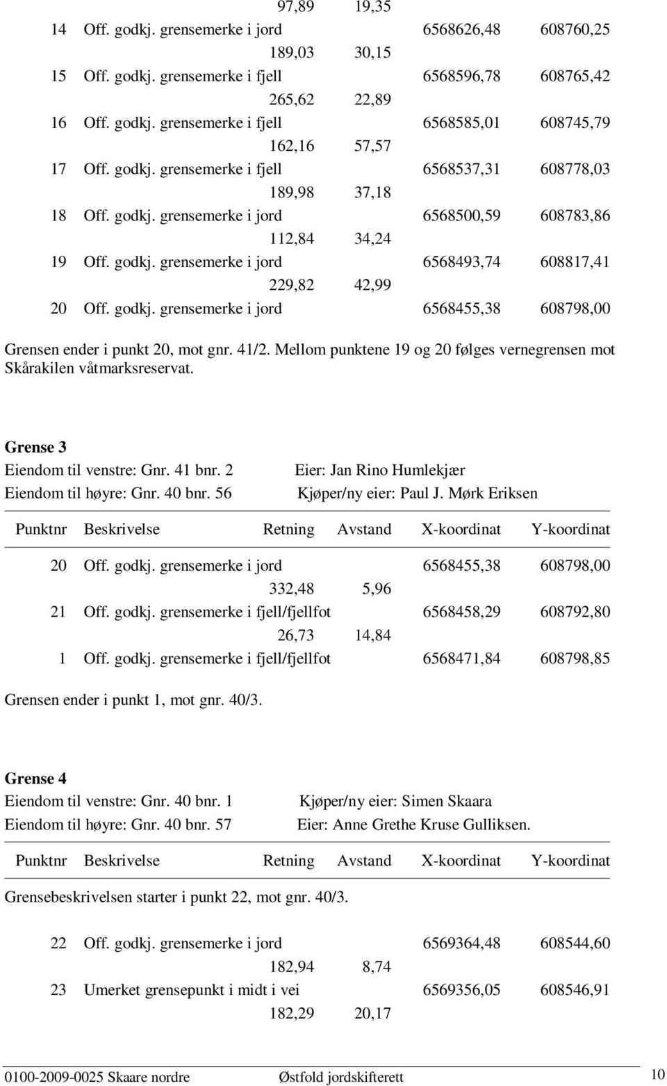 godkj. grensemerke i jord 6568455,38 608798,00 Grensen ender i punkt 20, mot gnr. 41/2. Mellom punktene 19 og 20 følges vernegrensen mot Skårakilen våtmarksreservat. Grense 3 Eiendom til venstre: Gnr.