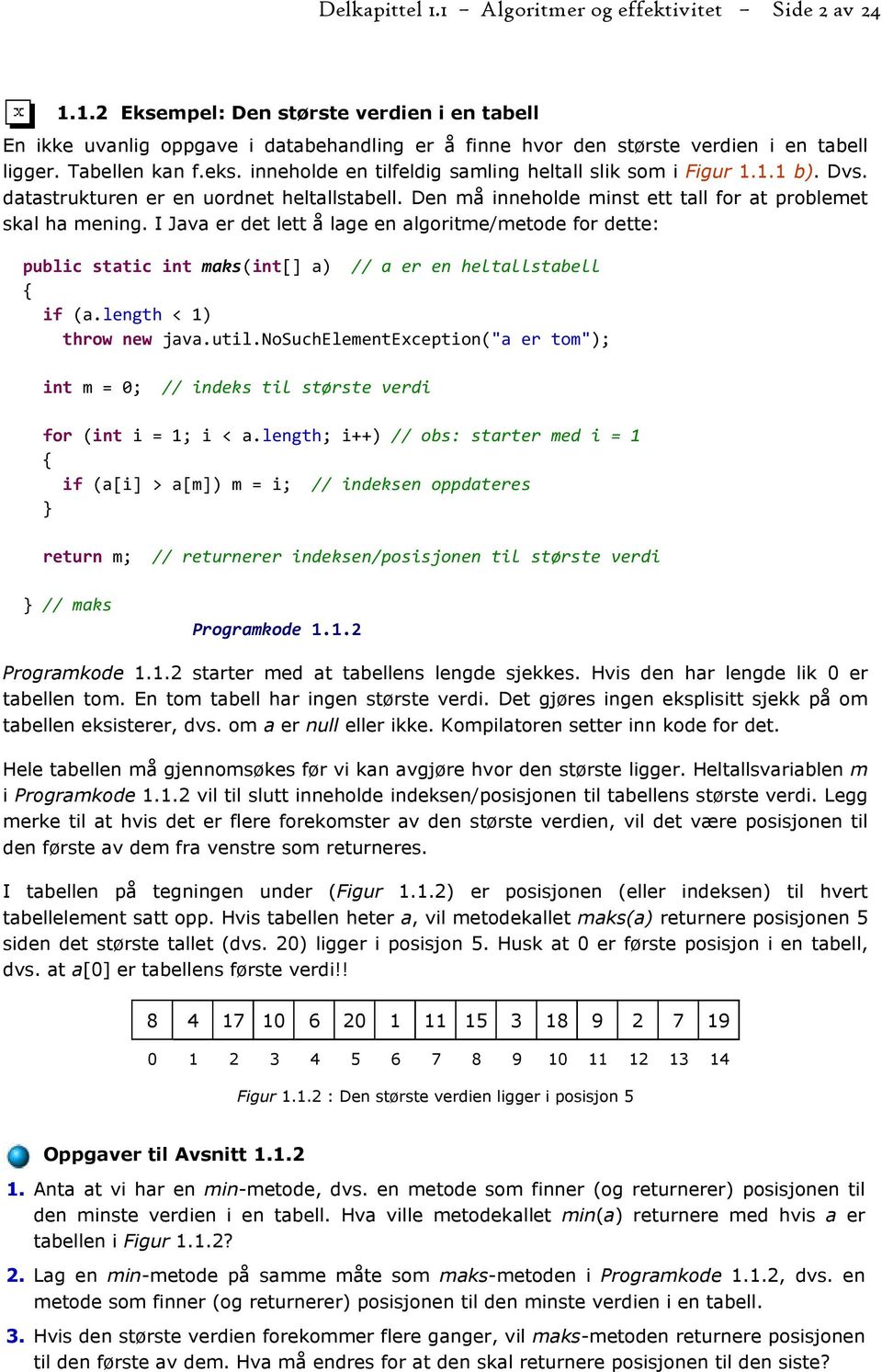 I Java er det lett å lage en algoritme/metode for dette: public static int maks(int[] a) // a er en heltallstabell if (a.length < 1) throw new java.util.