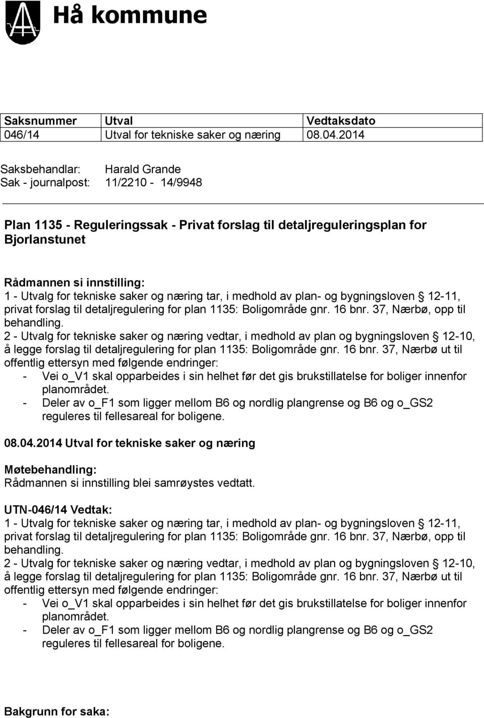 2014 Saksbehandlar: Harald Grande Sak - journalpost: 11/2210-14/9948 Plan 1135 - Reguleringssak - Privat forslag til detaljreguleringsplan for Bjorlanstunet Rådmannen si innstilling: 1 - Utvalg for