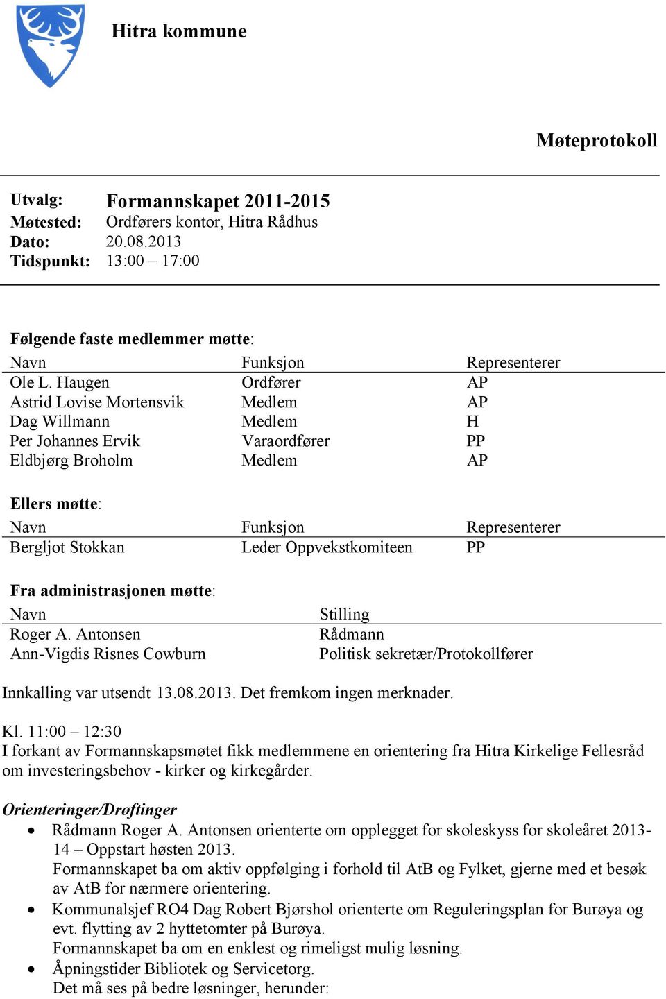 Haugen Ordfører AP Astrid Lovise Mortensvik Medlem AP Dag Willmann Medlem H Per Johannes Ervik Varaordfører PP Eldbjørg Broholm Medlem AP Ellers møtte: Navn Funksjon Representerer Bergljot Stokkan