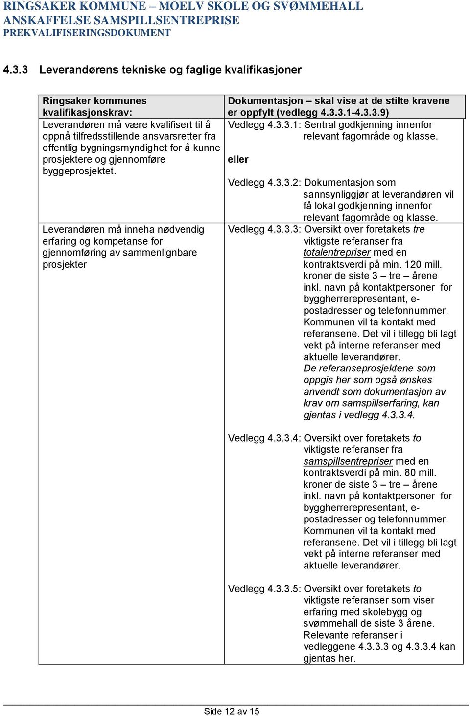 Leverandøren må inneha nødvendig erfaring og kompetanse for gjennomføring av sammenlignbare prosjekter Dokumentasjon skal vise at de stilte kravene er oppfylt (vedlegg 4.3.