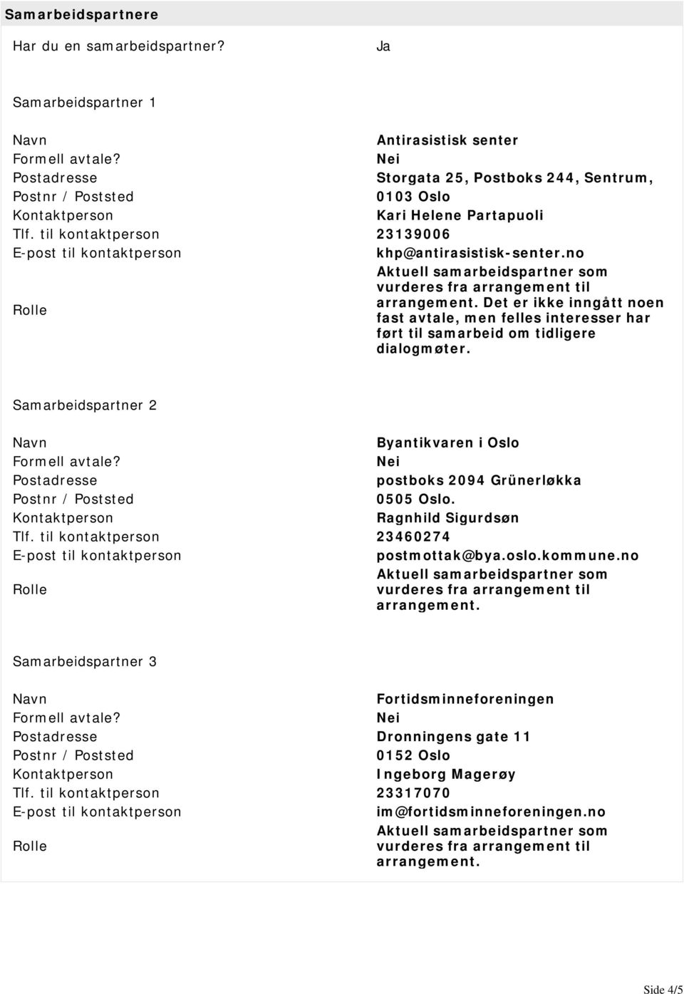 Samarbeidspartner 2 Byantikvaren i Oslo Postadresse postboks 2094 Grünerløkka 0505 Oslo. Ragnhild Sigurdsøn Tlf. til kontaktperson 23460274 postmottak@bya.oslo.kommune.