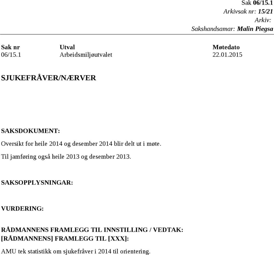 SJUKEFRÅVER/NÆRVER SAKSDUMENT: Oversikt for heile 2014 og desember 2014 blir delt ut i møte.