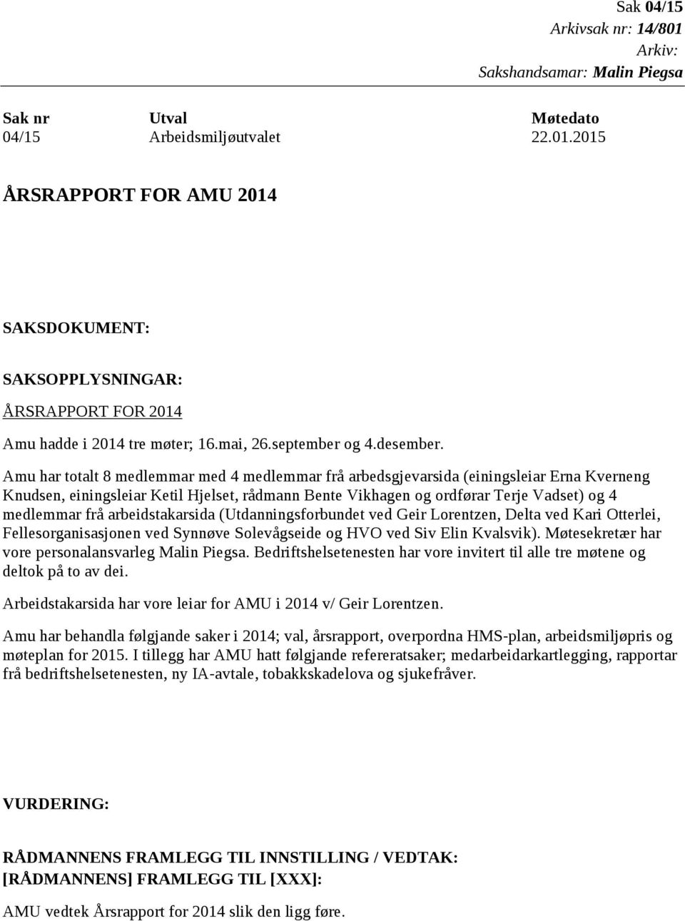 Amu har totalt 8 medlemmar med 4 medlemmar frå arbedsgjevarsida (einingsleiar Erna Kverneng Knudsen, einingsleiar Ketil Hjelset, rådmann Bente Vikhagen og ordførar Terje Vadset) og 4 medlemmar frå