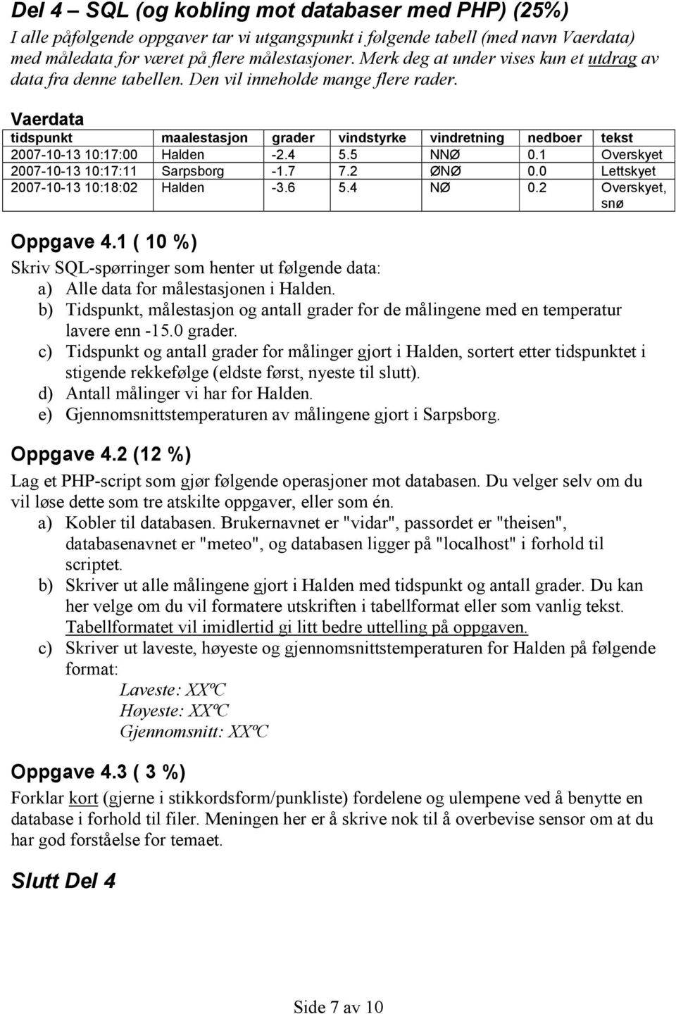 Vaerdata tidspunkt maalestasjon grader vindstyrke vindretning nedboer tekst 2007-10-13 10:17:00 Halden -2.4 5.5 NNØ 0.1 Overskyet 2007-10-13 10:17:11 Sarpsborg -1.7 7.2 ØNØ 0.