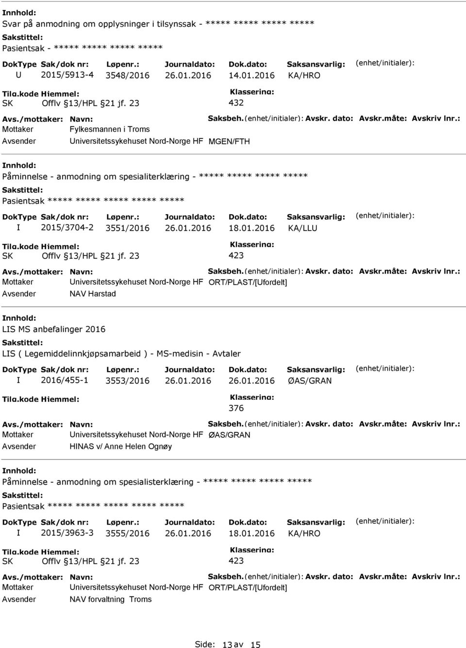 3551/2016 KA/LL Avs./mottaker: Navn: Saksbeh. Avskr. dato: Avskr.måte: Avskriv lnr.