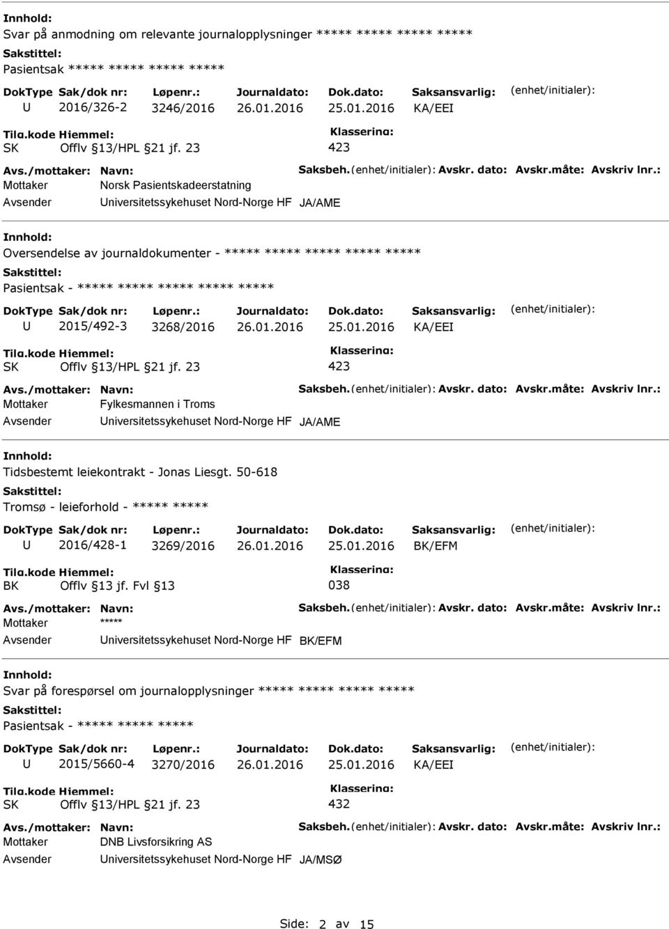 Avskr. dato: Avskr.måte: Avskriv lnr.: Mottaker Fylkesmannen i Troms niversitetssykehuset Nord-Norge HF JA/AME Tidsbestemt leiekontrakt - Jonas Liesgt.