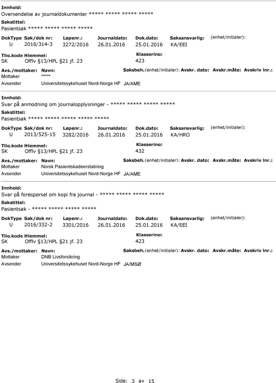 : niversitetssykehuset Nord-Norge HF JA/AME Svar på anmodning om journalopplysninger - ***** ***** ***** ***** Pasientsak ***** ***** ***** ***** ***** 2013/525-15 3282/2016 Avs.