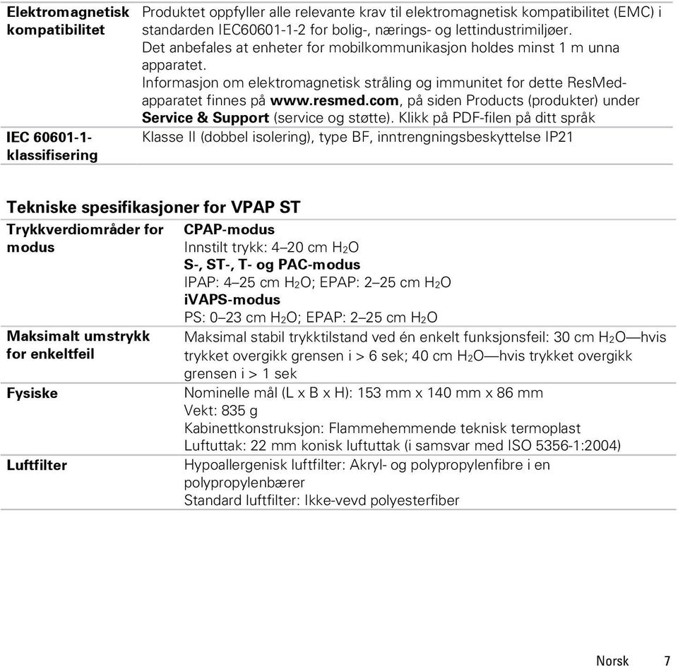 resmed.com, på siden Products (produkter) under Service & Support (service og støtte).