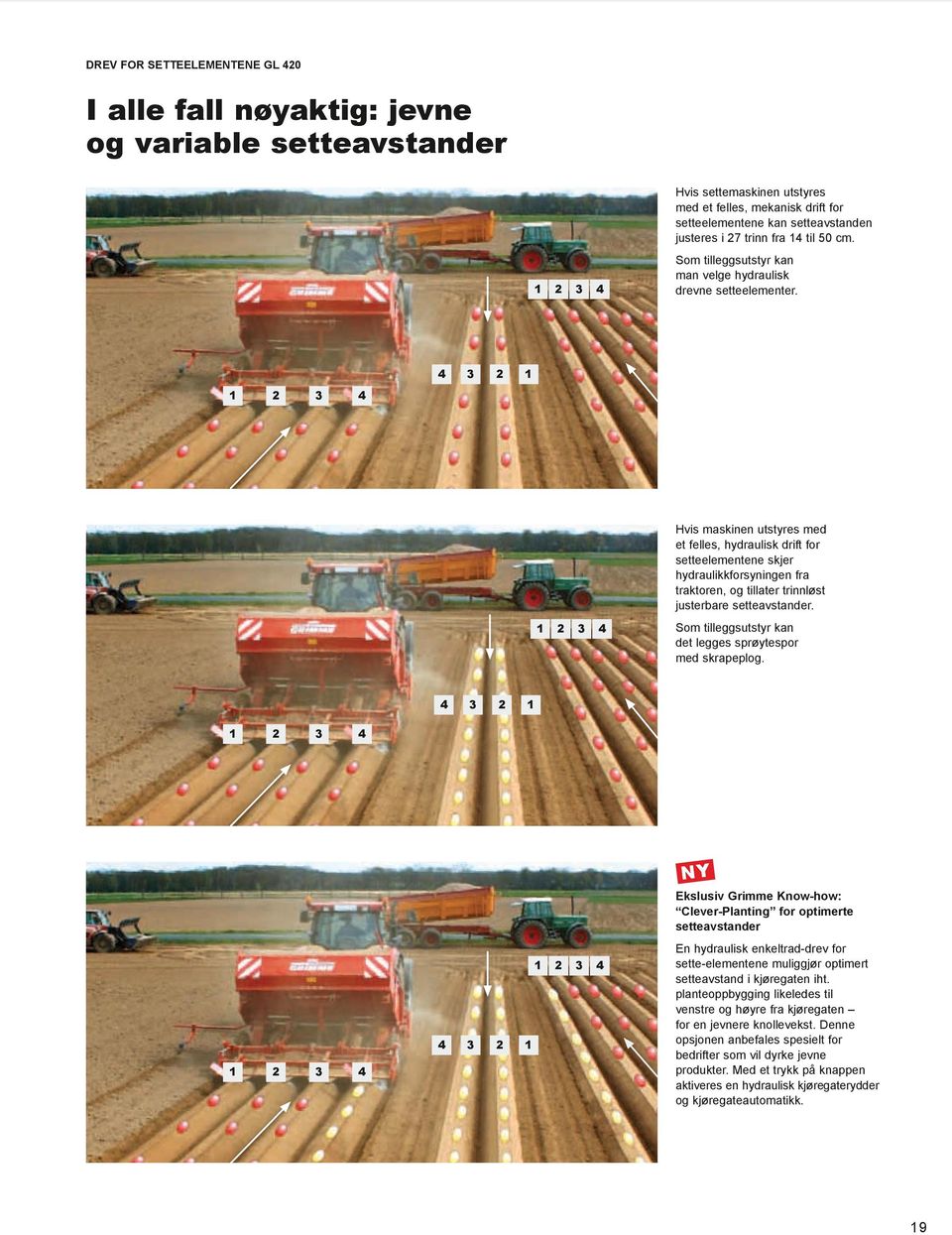 4 3 2 1 1 2 3 4 1 2 3 4 Hvis maskinen utstyres med et felles, hydraulisk drift for setteelementene skjer hydraulikkforsyningen fra traktoren, og tillater trinnløst justerbare setteavstander.