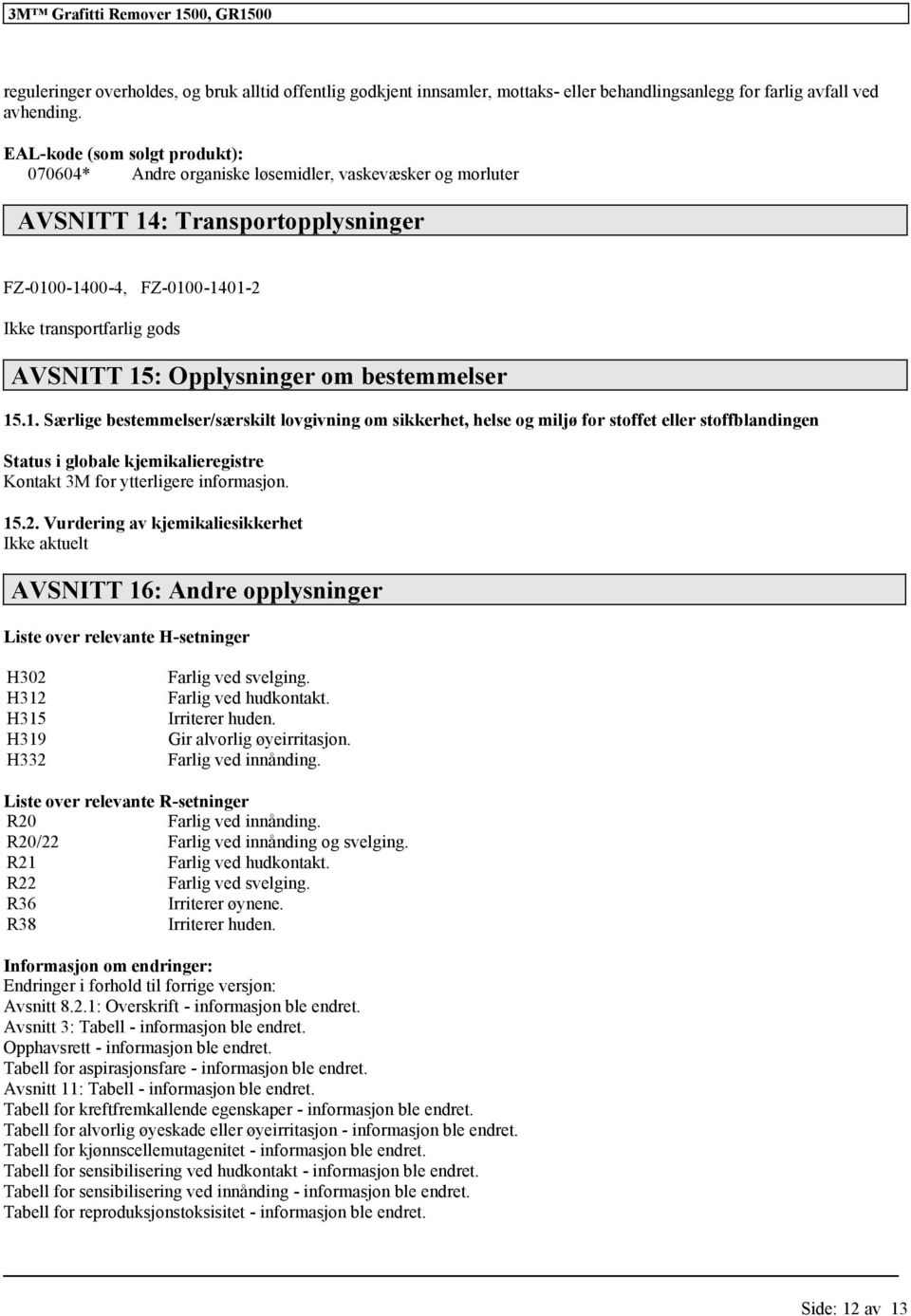 Opplysninger om bestemmelser 15