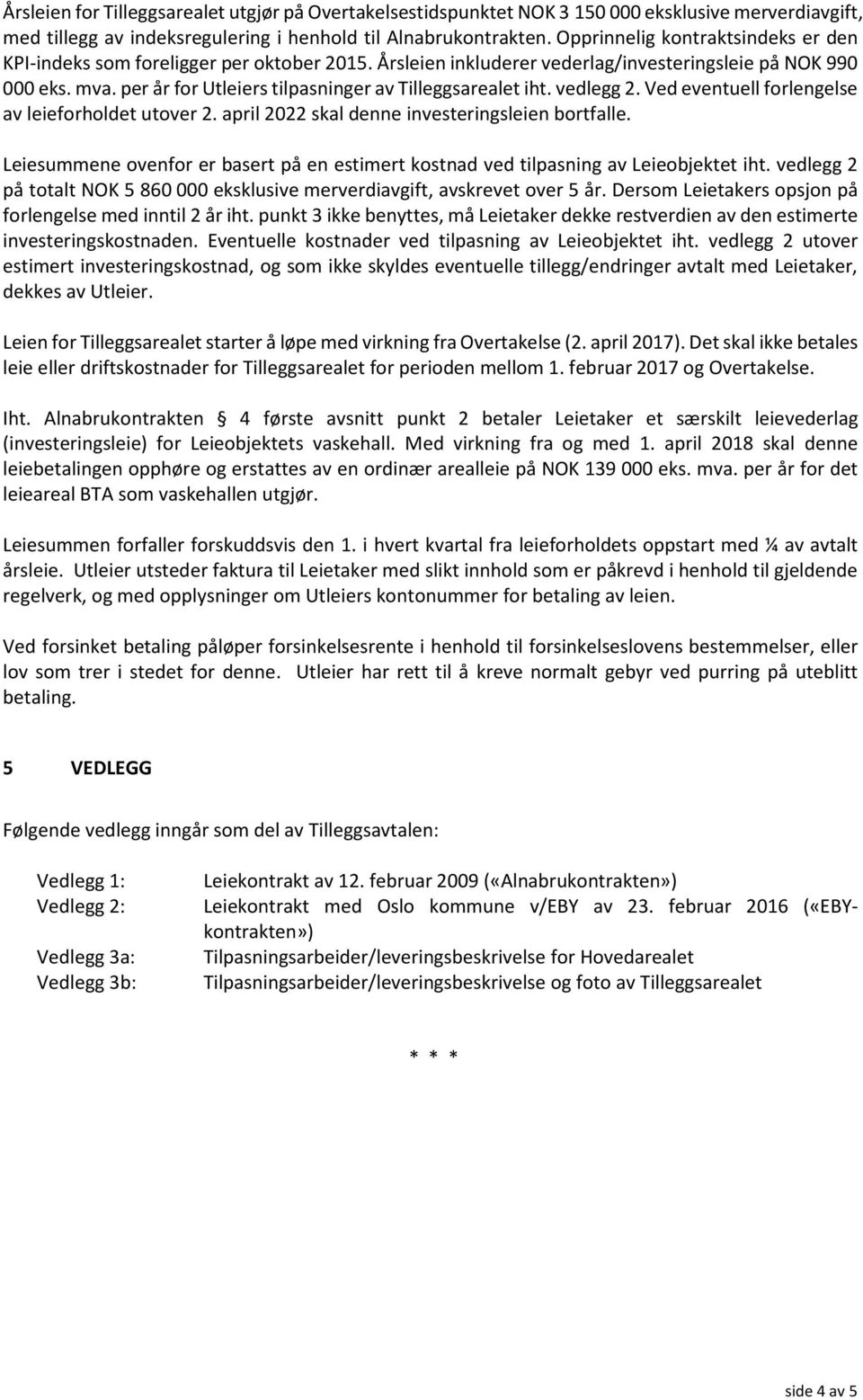 per år for Utleiers tilpasninger av Tilleggsarealet iht. vedlegg 2. Ved eventuell forlengelse av leieforholdet utover 2. april 2022 skal denne investeringsleien bortfalle.