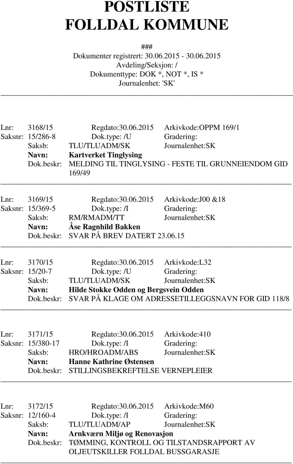 type: /I Gradering: Saksb: RM/RMADM/TT Journalenhet:SK Åse Ragnhild Bakken Dok.beskr: SVAR PÅ BREV DATERT 23.06.15 Lnr: 3170/15 Regdato:30.06.2015 Arkivkode:L32 Saksnr: 15/20-7 Dok.