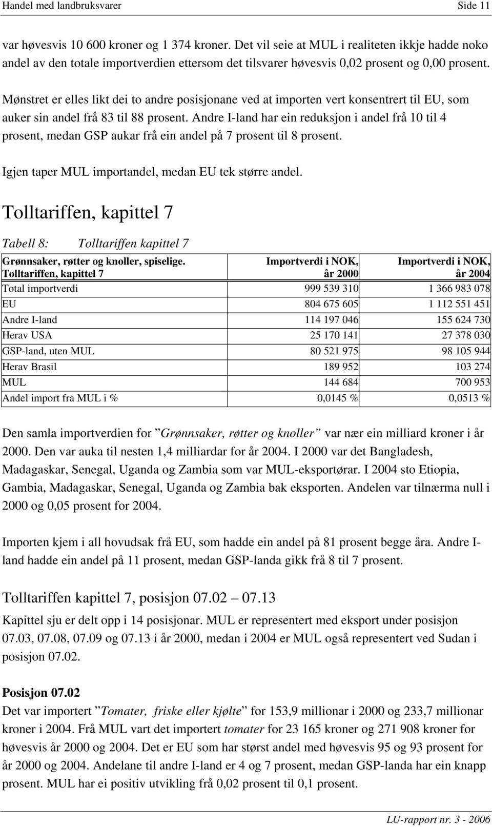 Mønstret er elles likt dei to andre posisjonane ved at importen vert konsentrert til EU, som auker sin andel frå 83 til 88 prosent.