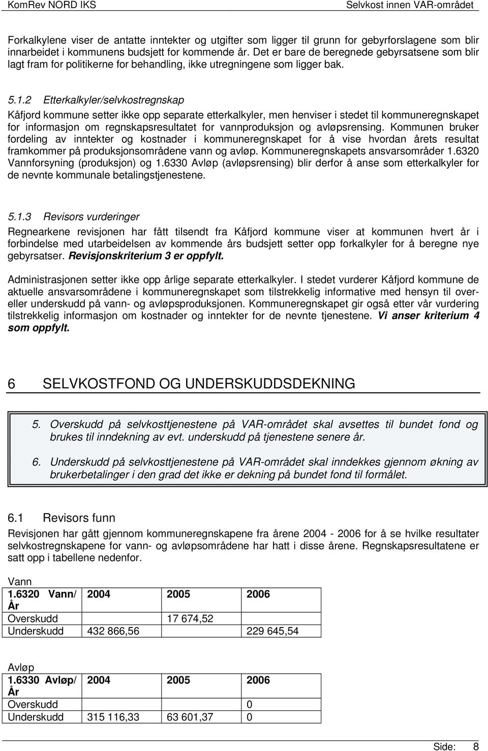 2 Etterkalkyler/selvkostregnskap Kåfjord kommune setter ikke opp separate etterkalkyler, men henviser i stedet til kommuneregnskapet for informasjon om regnskapsresultatet for vannproduksjon og