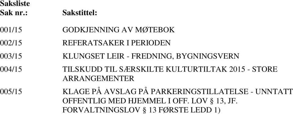 KLUNGSET LEIR - FREDNING, BYGNINGSVERN 004/15 TILSKUDD TIL SÆRSKILTE KULTURTILTAK