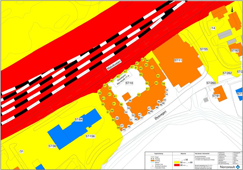 Contour Line Building Evaluation Calculation Area Støynivå... < 58 58 <=... < 68 68 <=.