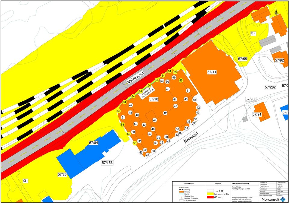 Building Barrier Contour Line Building Evaluation Calculation Area Støynivå... < 55 55 <=... < 65 65 <=.