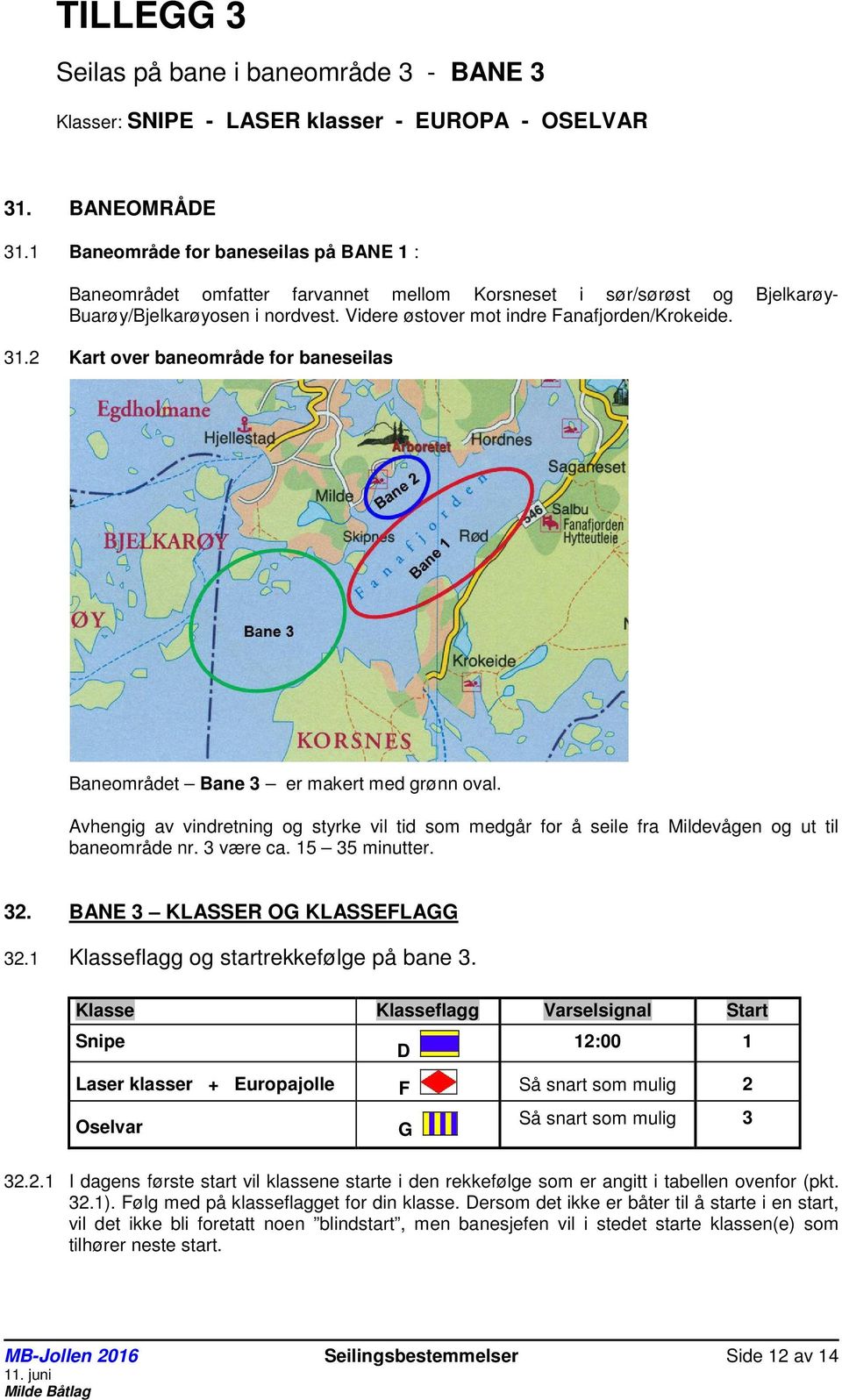 2 Kart over baneområde for baneseilas Baneområdet Bane 3 er makert med grønn oval. Avhengig av vindretning og styrke vil tid som medgår for å seile fra Mildevågen og ut til baneområde nr. 3 være ca.